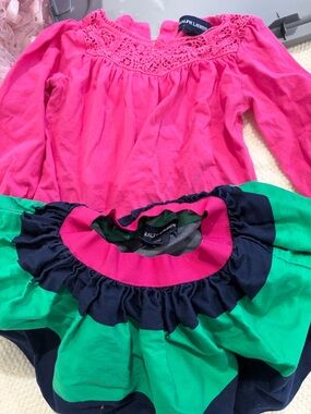 Ralph Lauren Hot Pink Lace Yoke Top with Green Navy Ruffle skirt